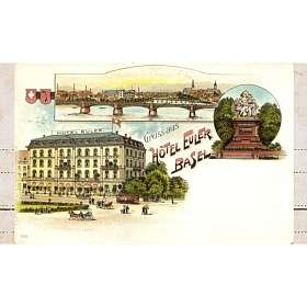 Grand Hotel Euler Basel 1905 Postkarte Lithographie mit Basel Panorama und Brücke